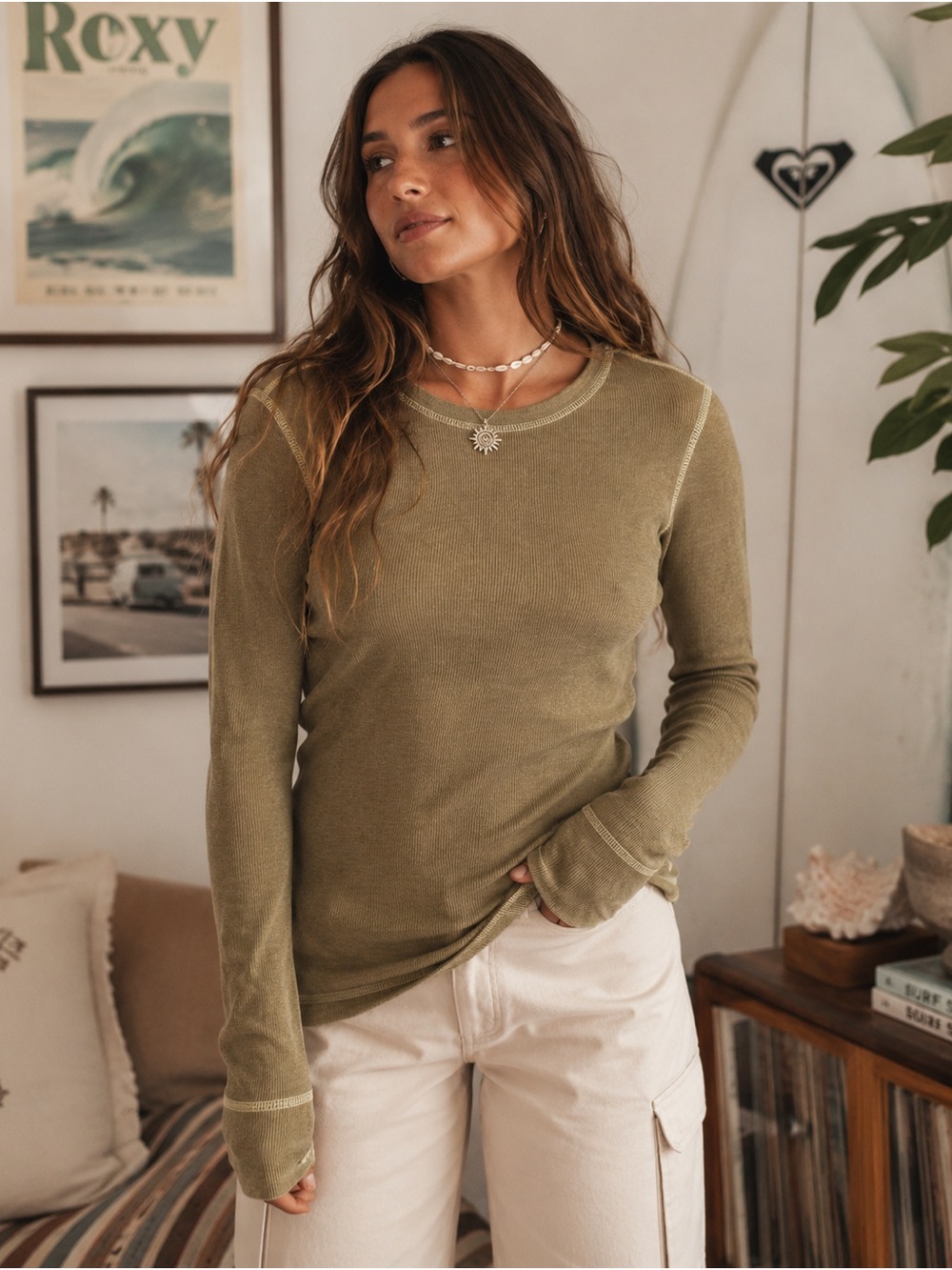 Roxy Olive Thermal Knit Long Sleeve Top Large